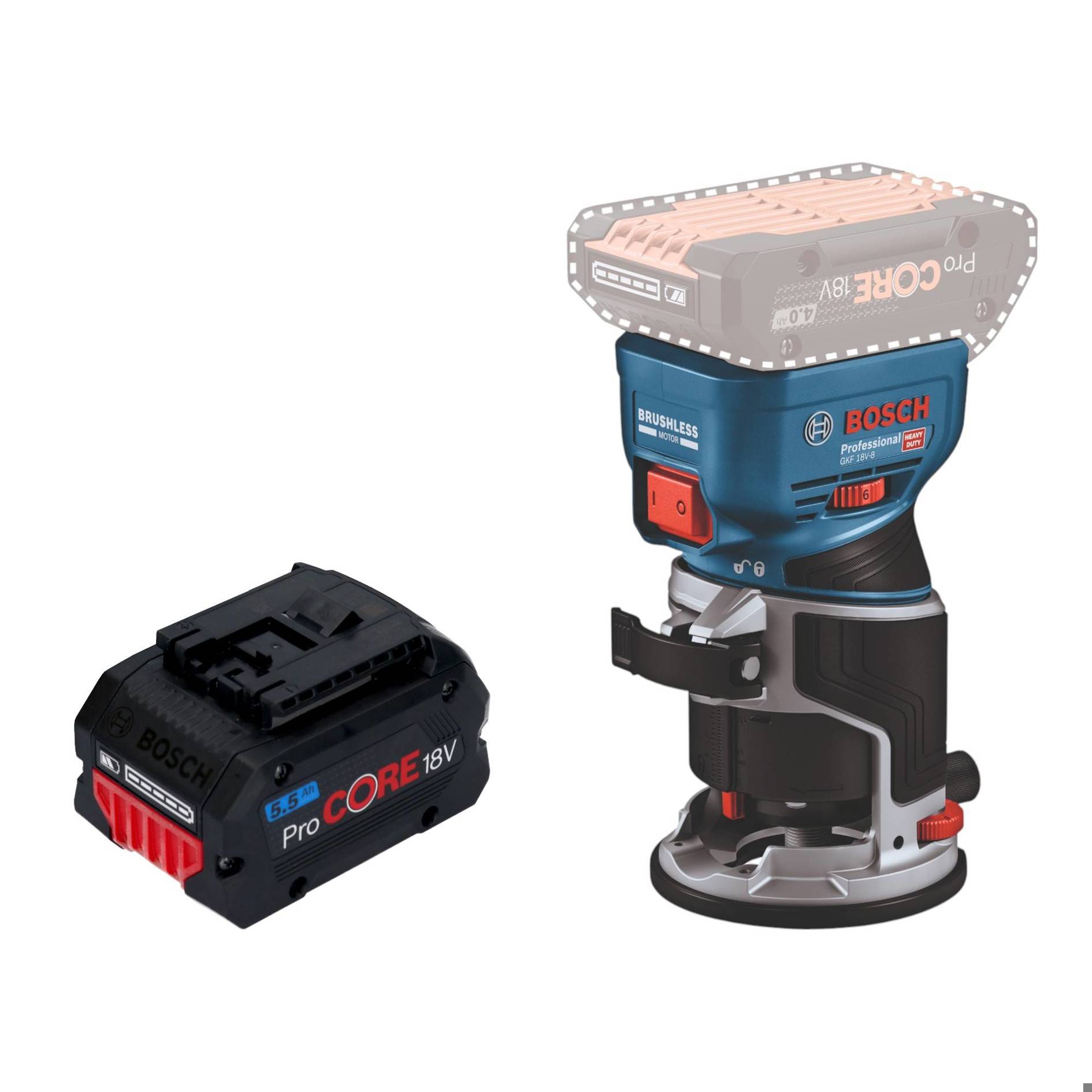 Bosch GKF 18V-8 Professional Akku Kantenfräse 18 V 8,0 mm Brushless + 1x ProCORE Akku 5,5 Ah | ohne Ladegerät