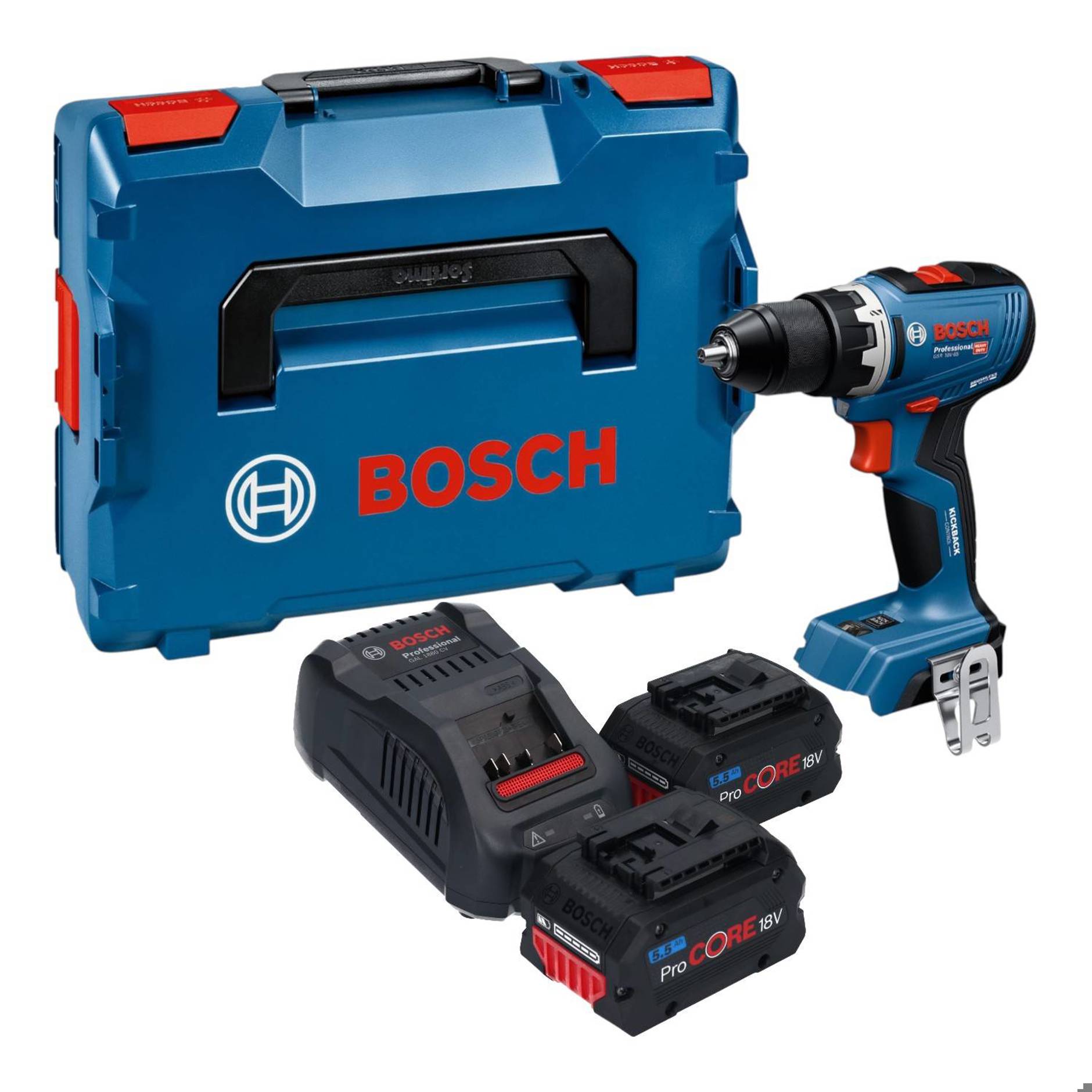 Bosch GSR 18V-65 Professional Akku Bohrschrauber 18 V 63 Nm Brushless + 2x ProCORE Akku 5,5 Ah + Ladegerät + L-Boxx