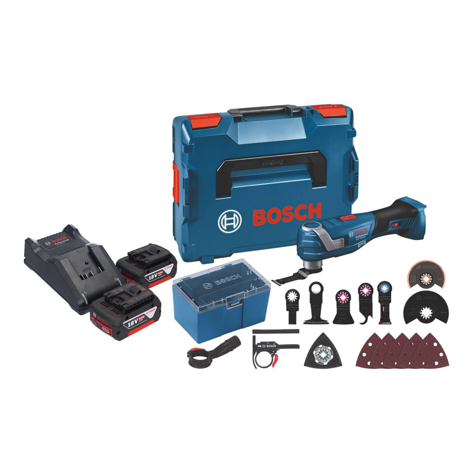 Bosch GOP 18V-34 Professional Akku Multi Cutter 18 V Starlock Plus + 2x Akku 5,0 Ah + Ladegerät + 17 tlg.