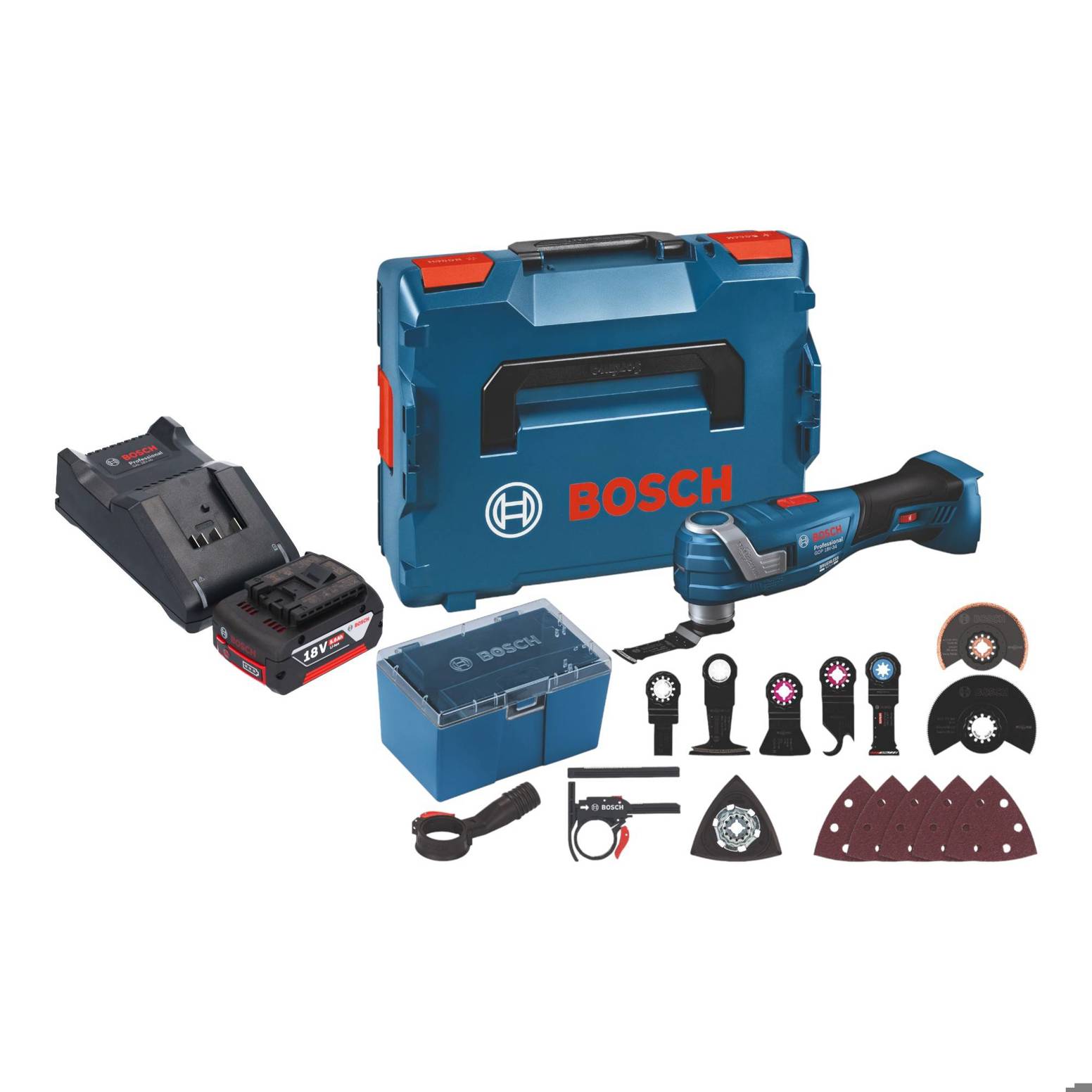 Bosch GOP 18V-34 Professional Akku Multi Cutter 18 V Starlock Plus + 1x Akku 5,0 Ah + Ladegerät + 17 tlg.