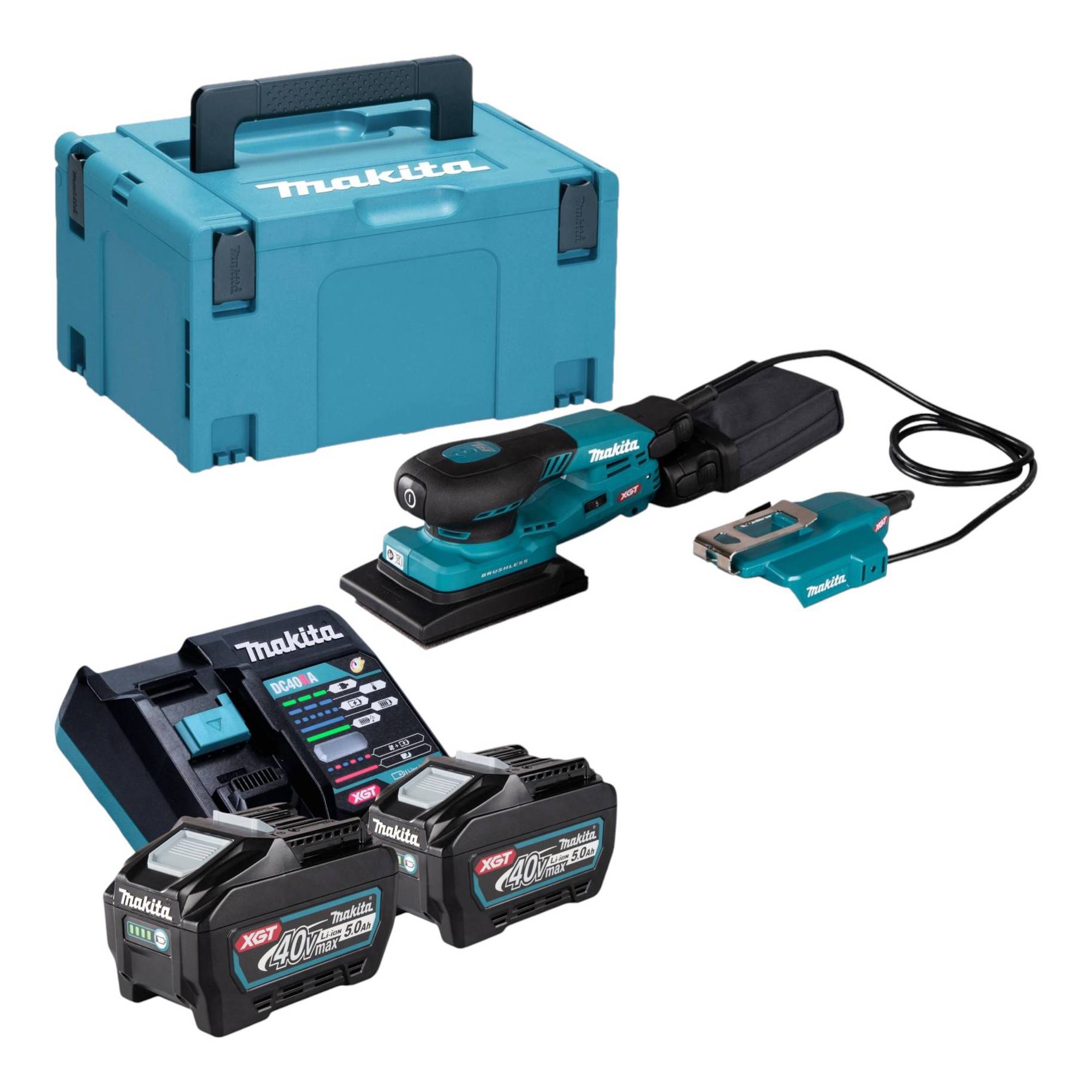 Makita BO 005 CGT201 Akku Schwingschleifer 40 V max. 80 x 130 mm 3,0 mm Hub Brushless + 2x Akku 5,0 Ah + Lader + Makpac