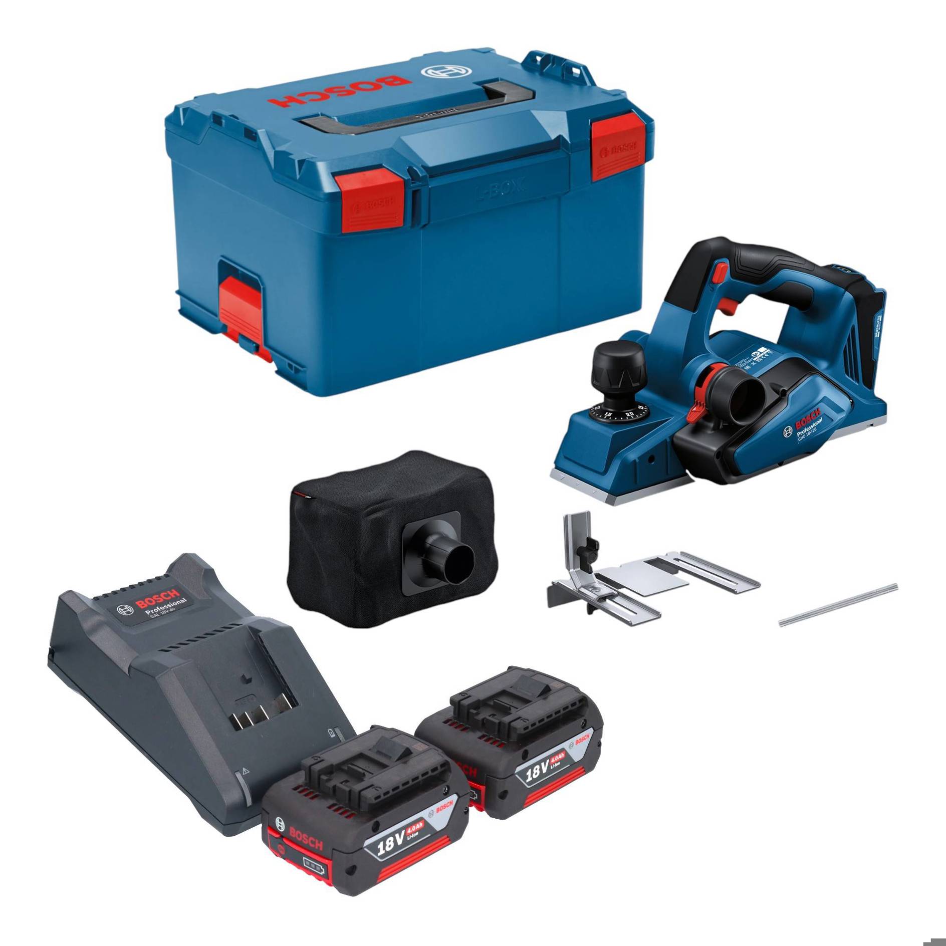 Bosch GHO 18V-26 Professional Akku Hobel 18 V 2,6 mm Brushless + 2x Akku 4,0 Ah + Ladegerät + L-Boxx
