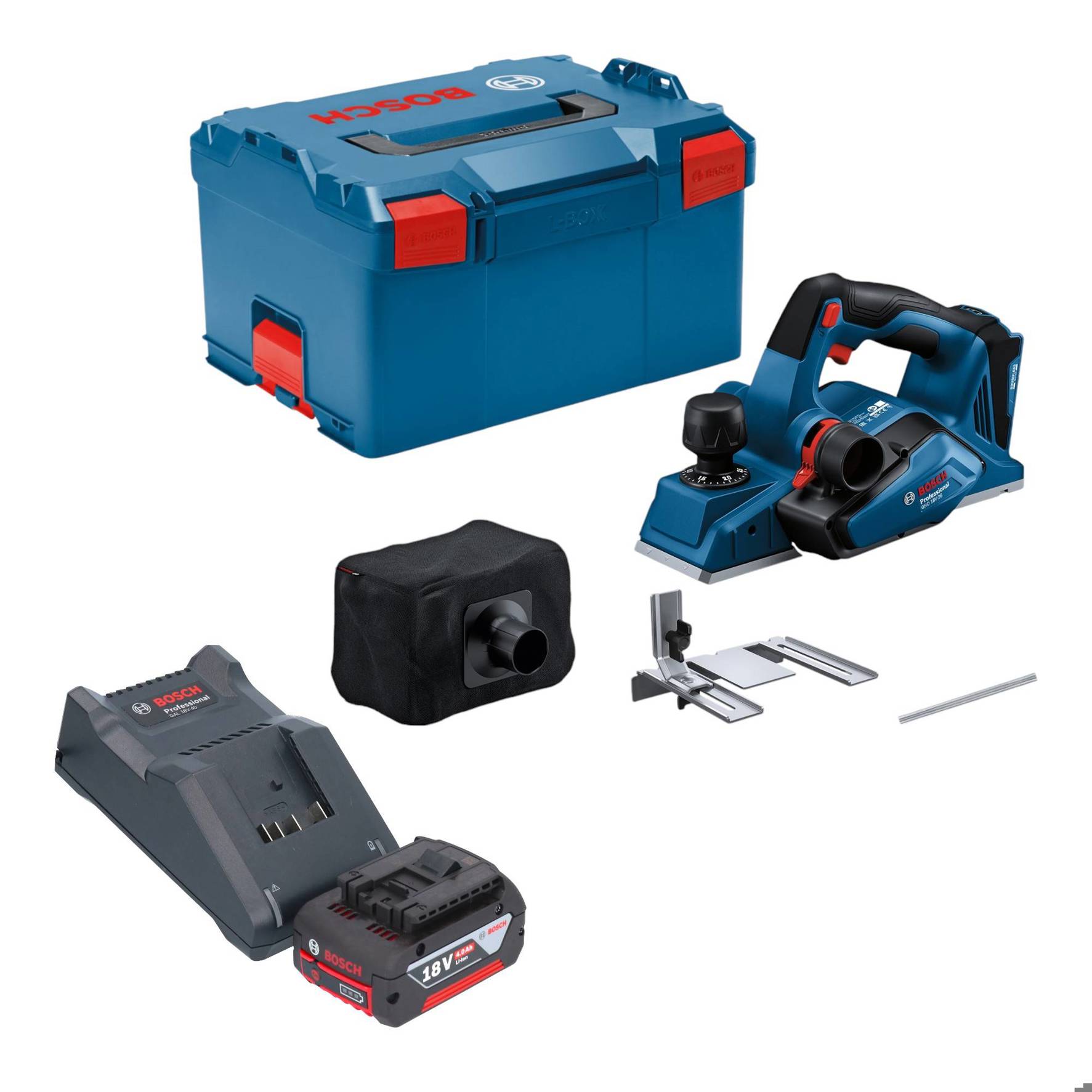Bosch GHO 18V-26 Professional Akku Hobel 18 V 2,6 mm Brushless + 1x Akku 4,0 Ah + Ladegerät + L-Boxx