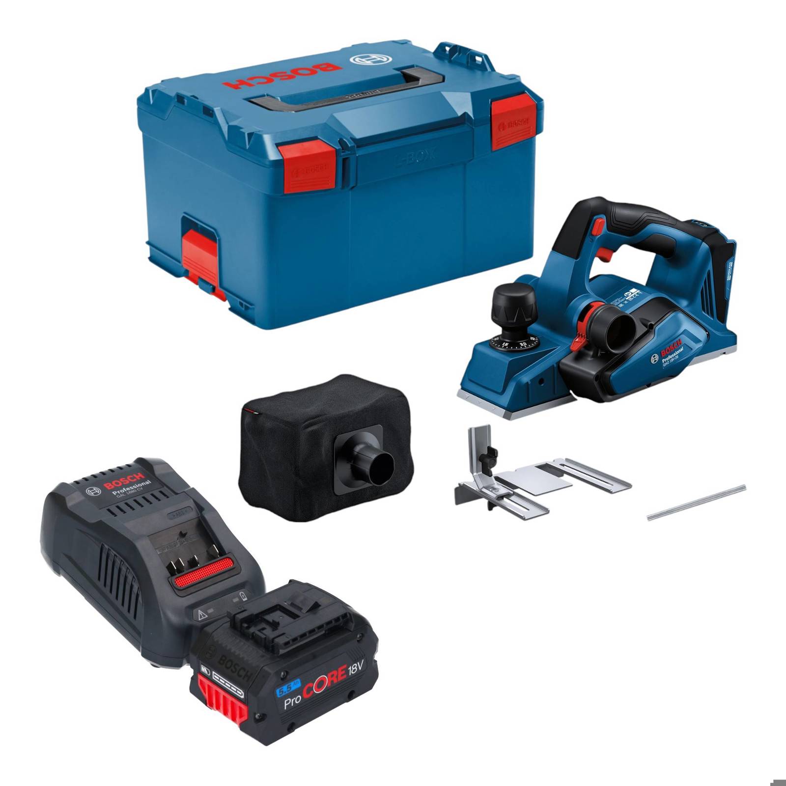 Bosch GHO 18V-26 Professional Akku Hobel 18 V 2,6 mm Brushless + 1x ProCORE Akku 5,5 Ah + Ladegerät + L-Boxx