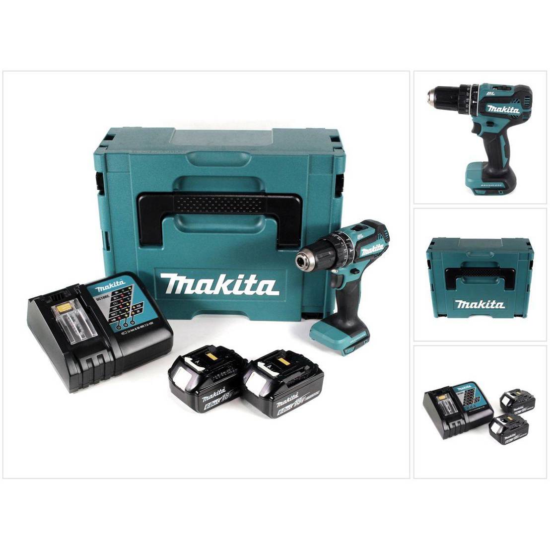 Makita DHP 485 RGJ Akku Schlagbohrschrauber 18V 50Nm + 2x Akku 6,0Ah + Schnellladegerät + Makpac