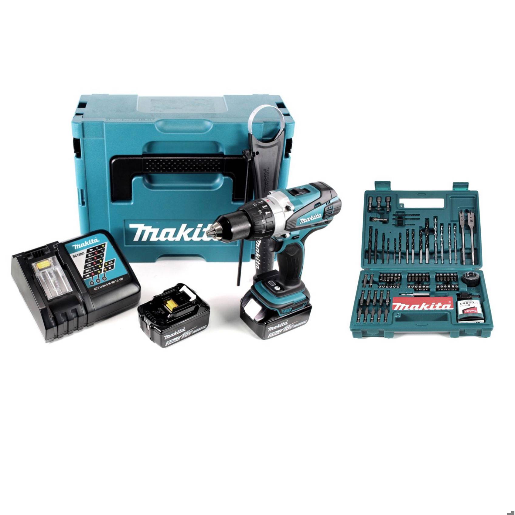 Makita DHP 458 RTJ Akku Schlagbohrschrauber 18V 91Nm im Makpac + 2x 5,0 Ah Akku + Ladegerät + Makita Bit