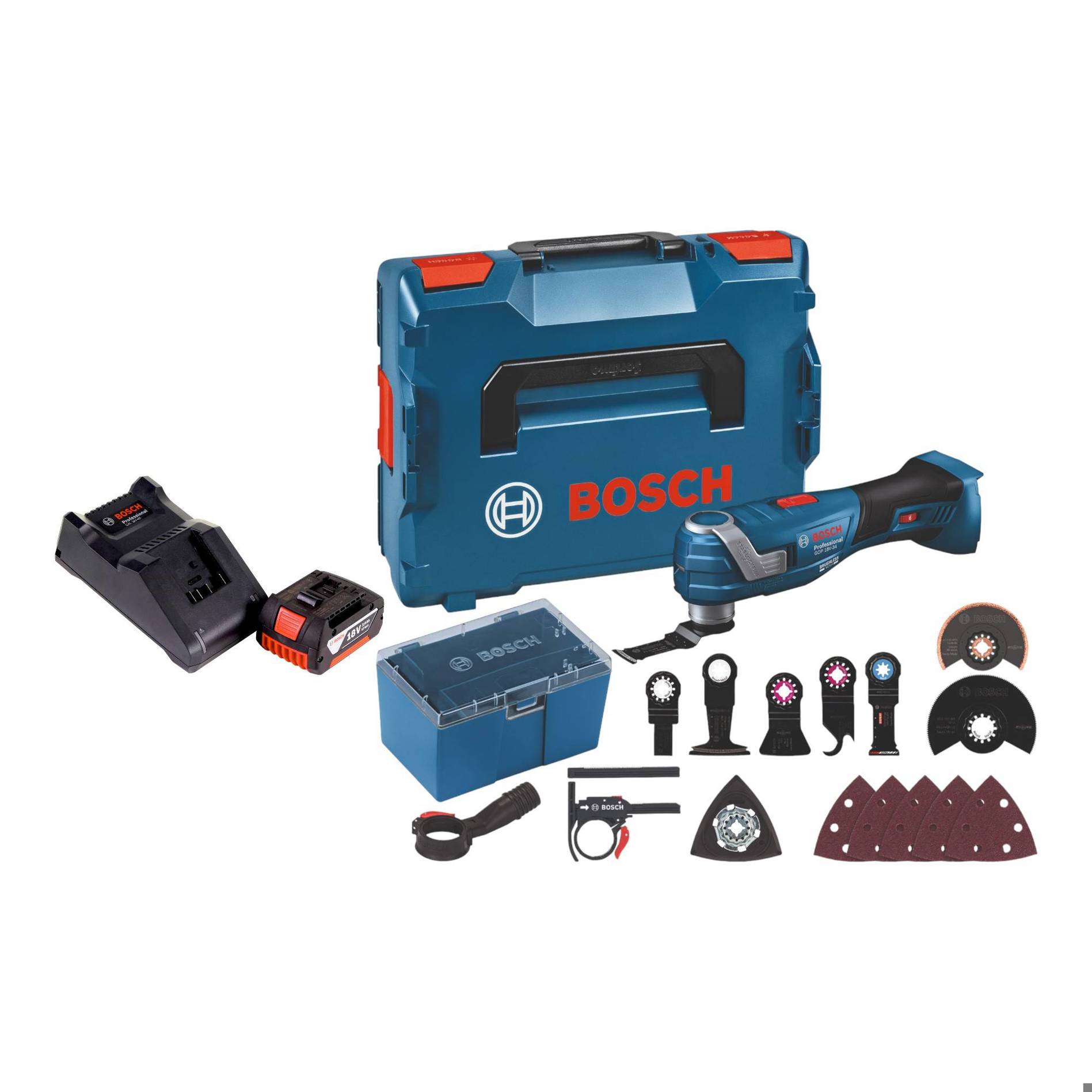 Bosch GOP 18V-34 Professional Akku Multi Cutter 18 V Starlock Plus + 1x Akku 3,0 Ah + Ladegerät + 17 tlg.