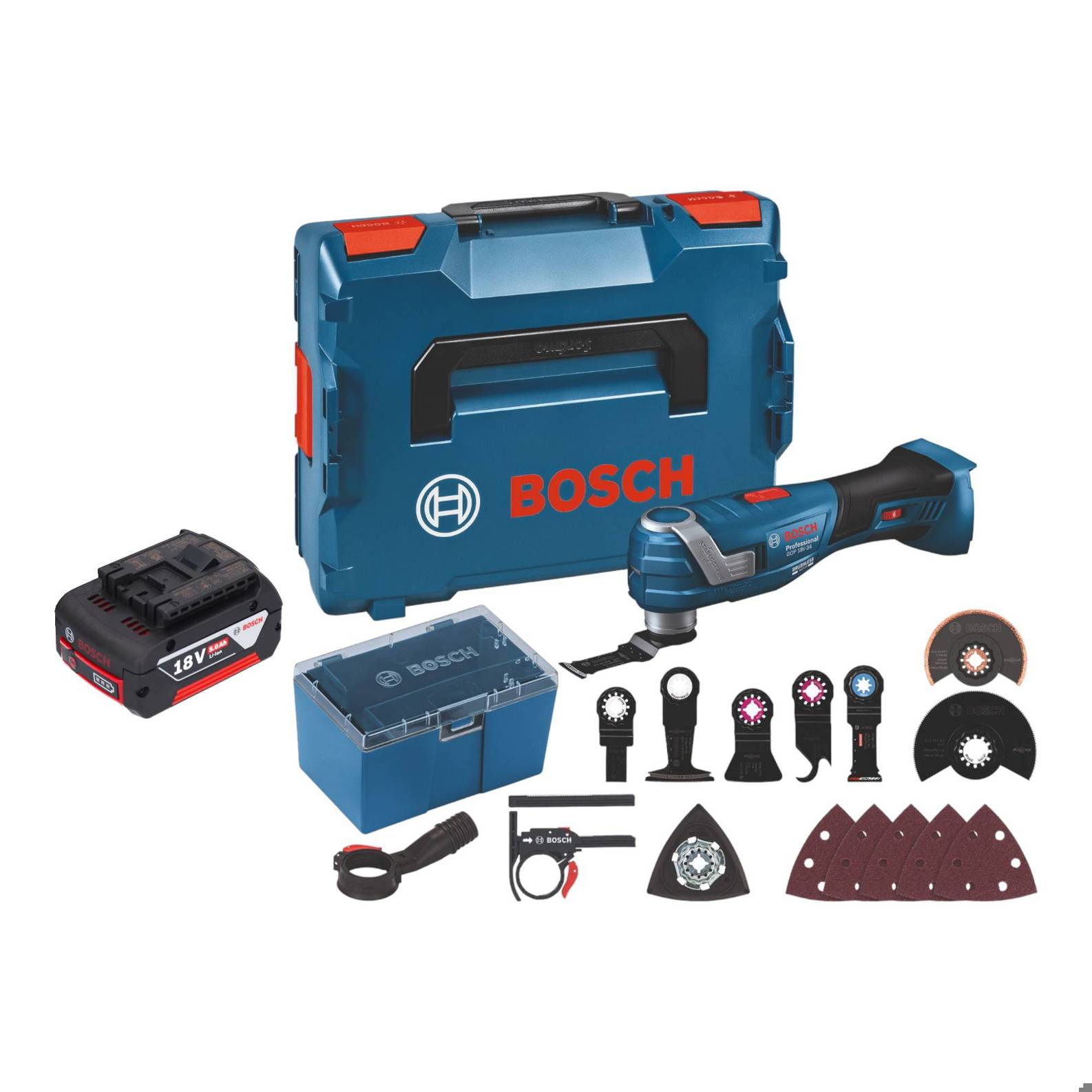 Bosch GOP 18V-34 Professional Akku Multi Cutter 18 V Starlock Plus + 1x Akku 5,0 Ah + 17 tlg. Zubehör + L-Boxx