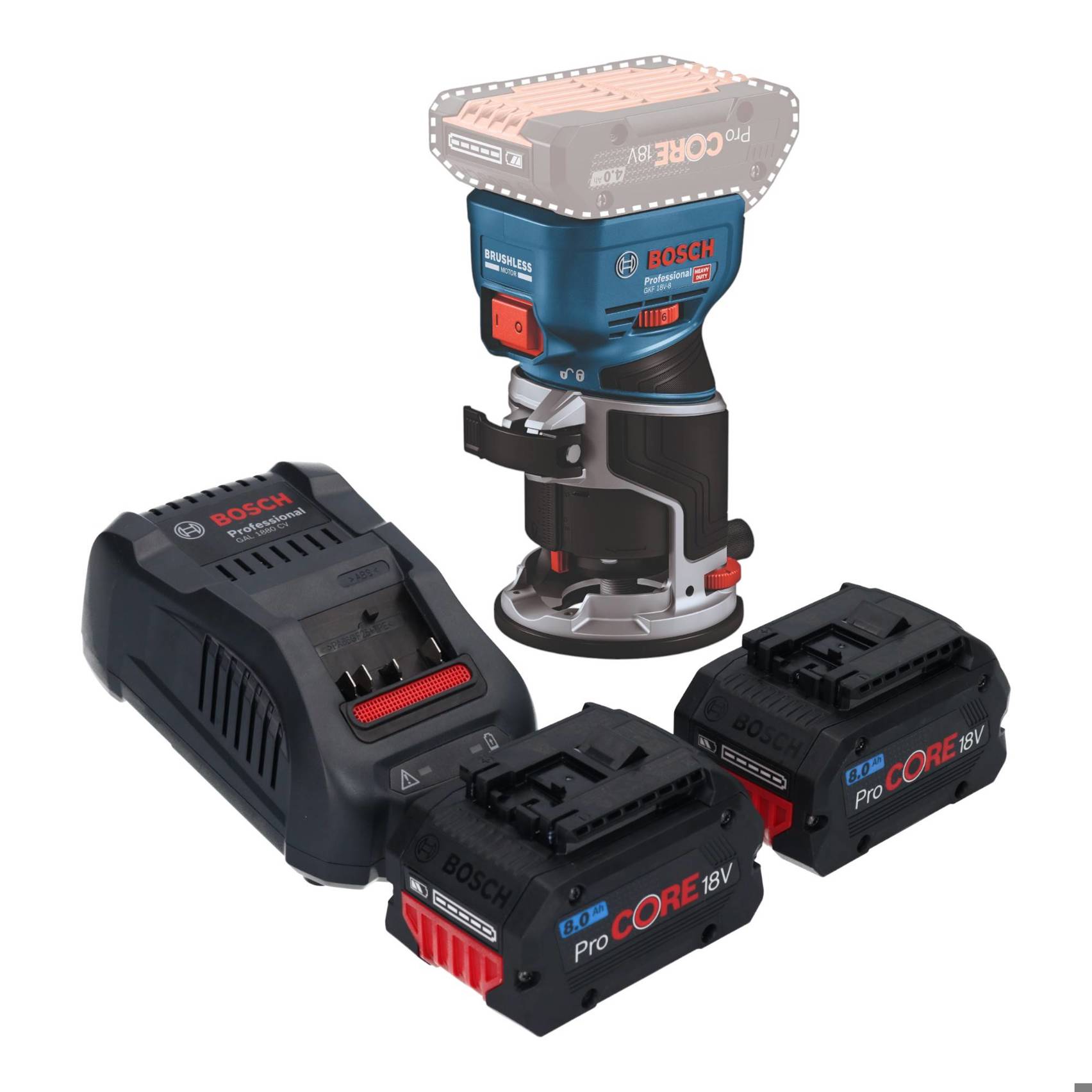 Bosch GKF 18V-8 Professional Akku Kantenfräse 18 V 8,0 mm Brushless + 2x ProCORE Akku 8,0 Ah + Ladegerät