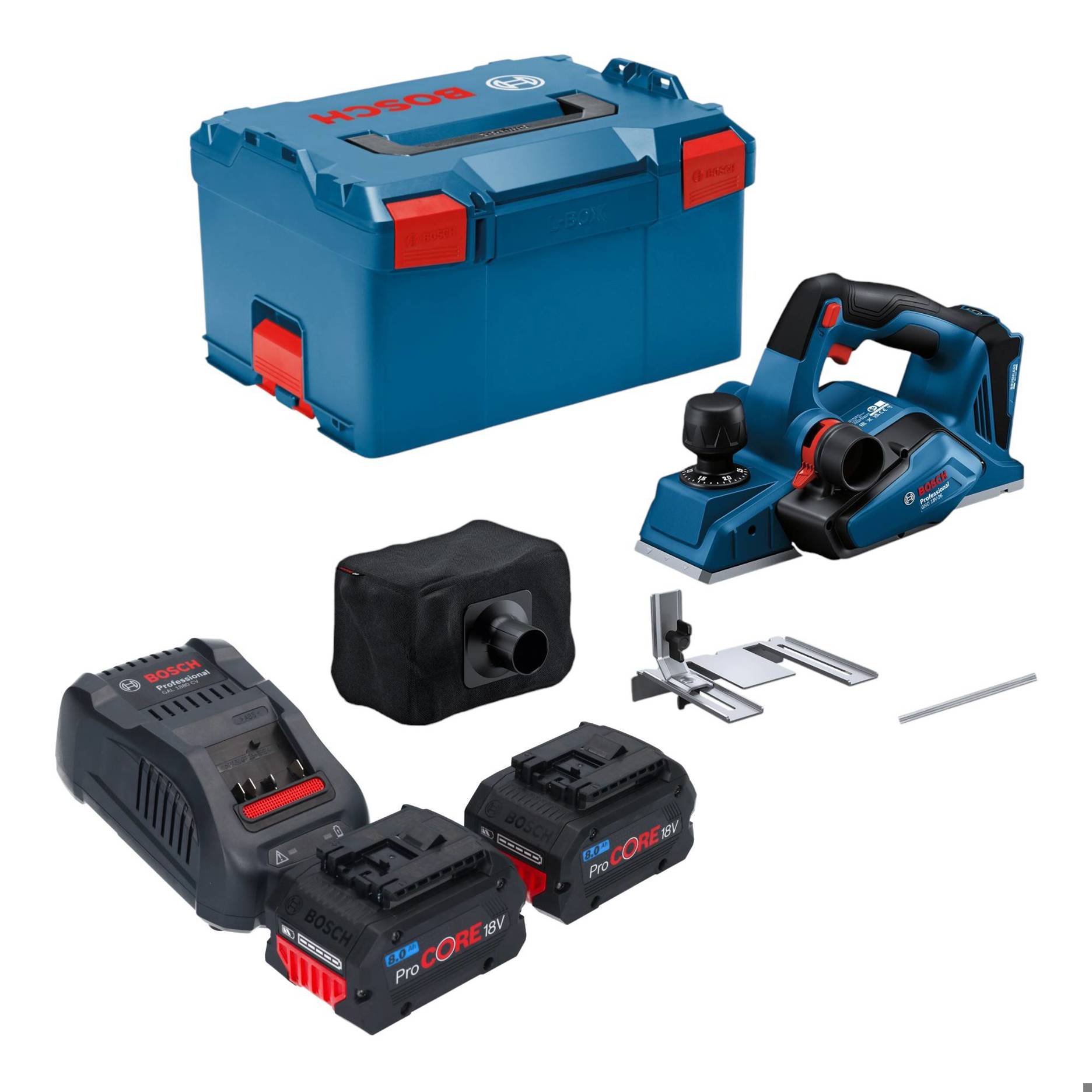 Bosch GHO 18V-26 Professional Akku Hobel 18 V 2,6 mm Brushless + 2x ProCORE Akku 8,0 Ah + Ladegerät + L-Boxx