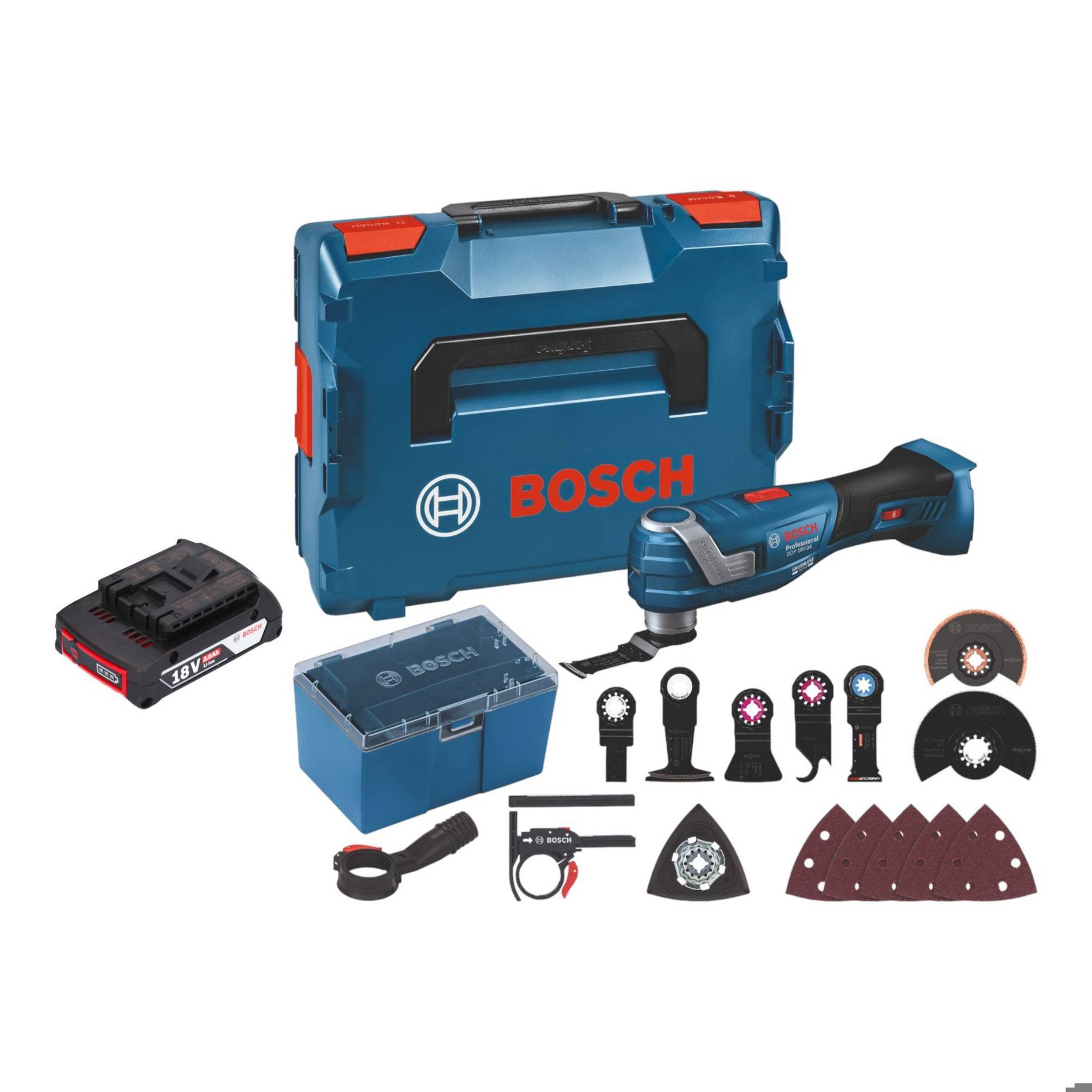 Bosch GOP 18V-34 Professional Akku Multi Cutter 18 V Starlock Plus + 1x Akku 2,0 Ah + 17 tlg. Zubehör + L-Boxx