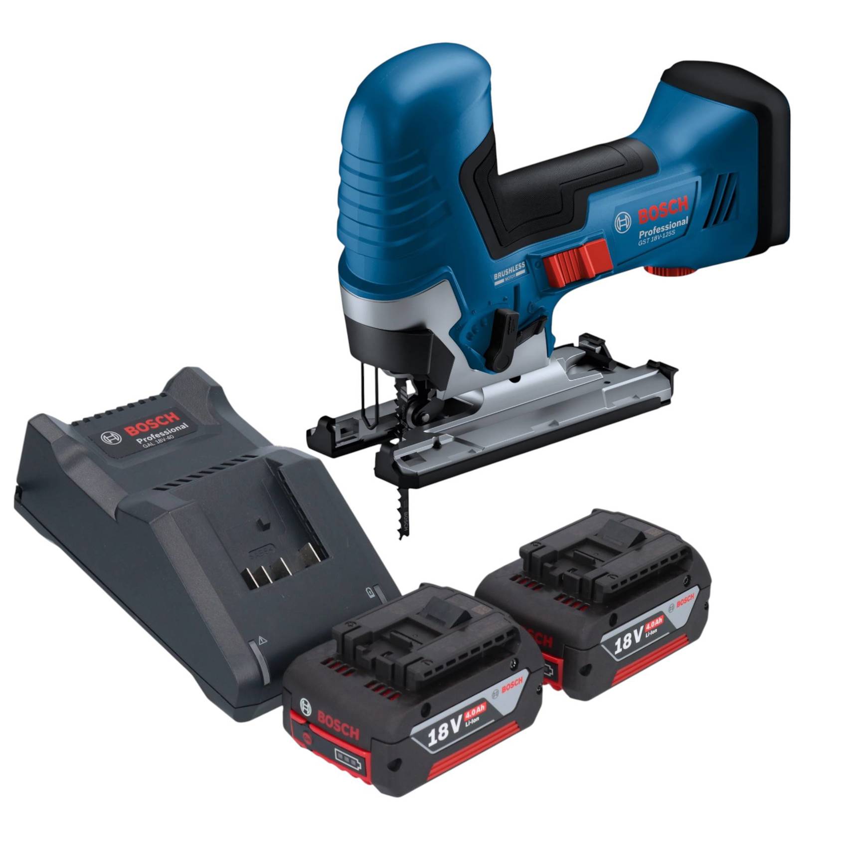 Bosch GST 18V-125 S Professional Akku Stichsäge 18 V 125 mm Brushless + 2x Akku 4,0 Ah + Ladegerät