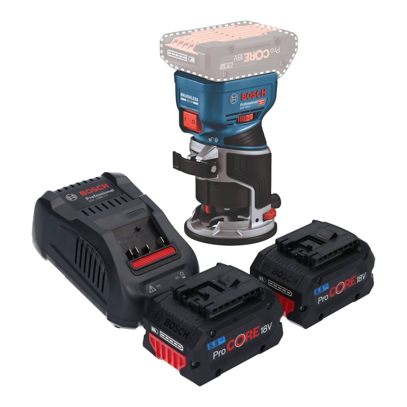 Bosch GKF 18V-8 Professional Akku Kantenfräse 18 V 8,0 mm Brushless + 2x ProCORE Akku 5,5 Ah + Ladegerät