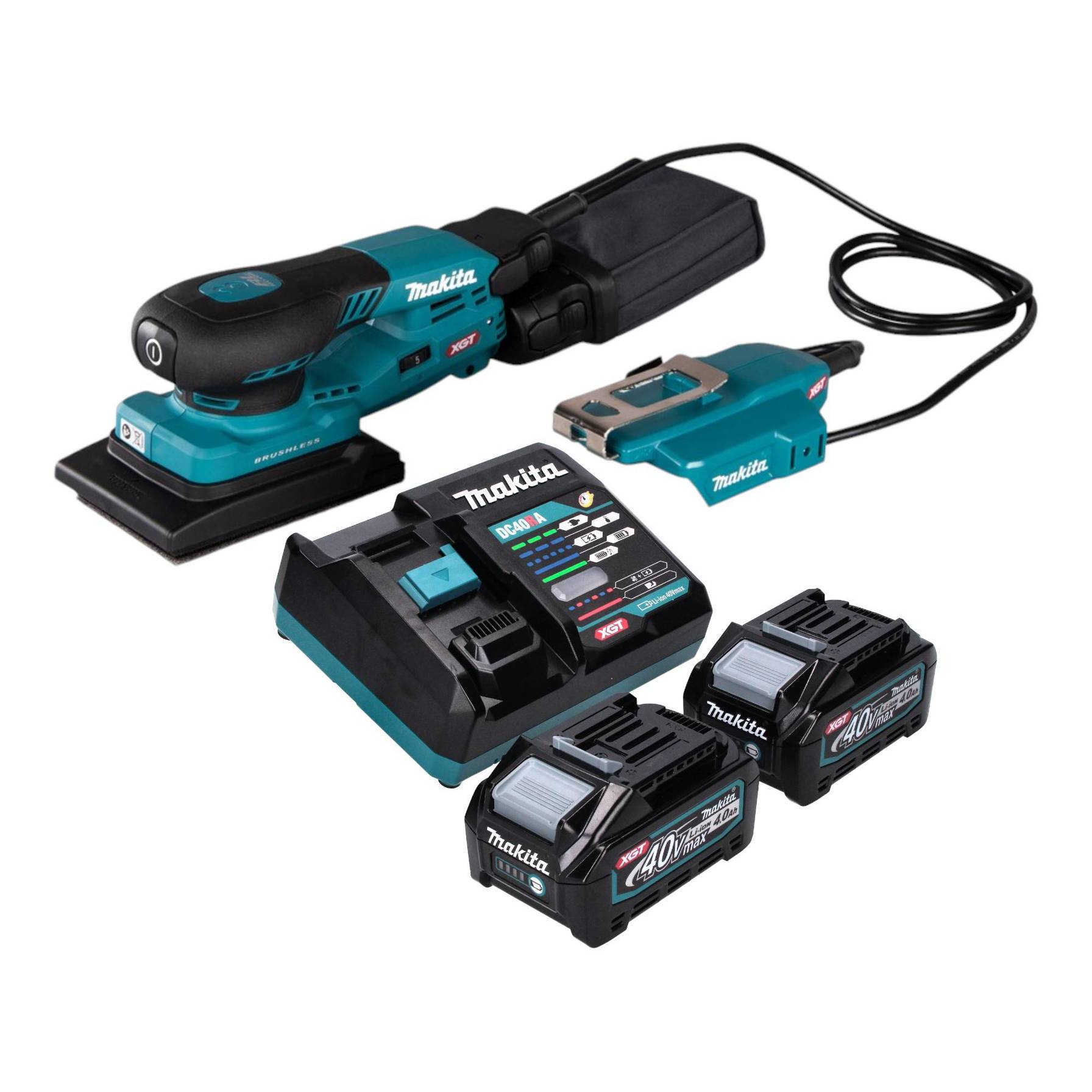 Makita BO 005 CGM201 Akku Schwingschleifer 40 V max. 80 x 130 mm 3,0 mm Hub Brushless + 2x Akku 4,0 Ah + Ladegerät
