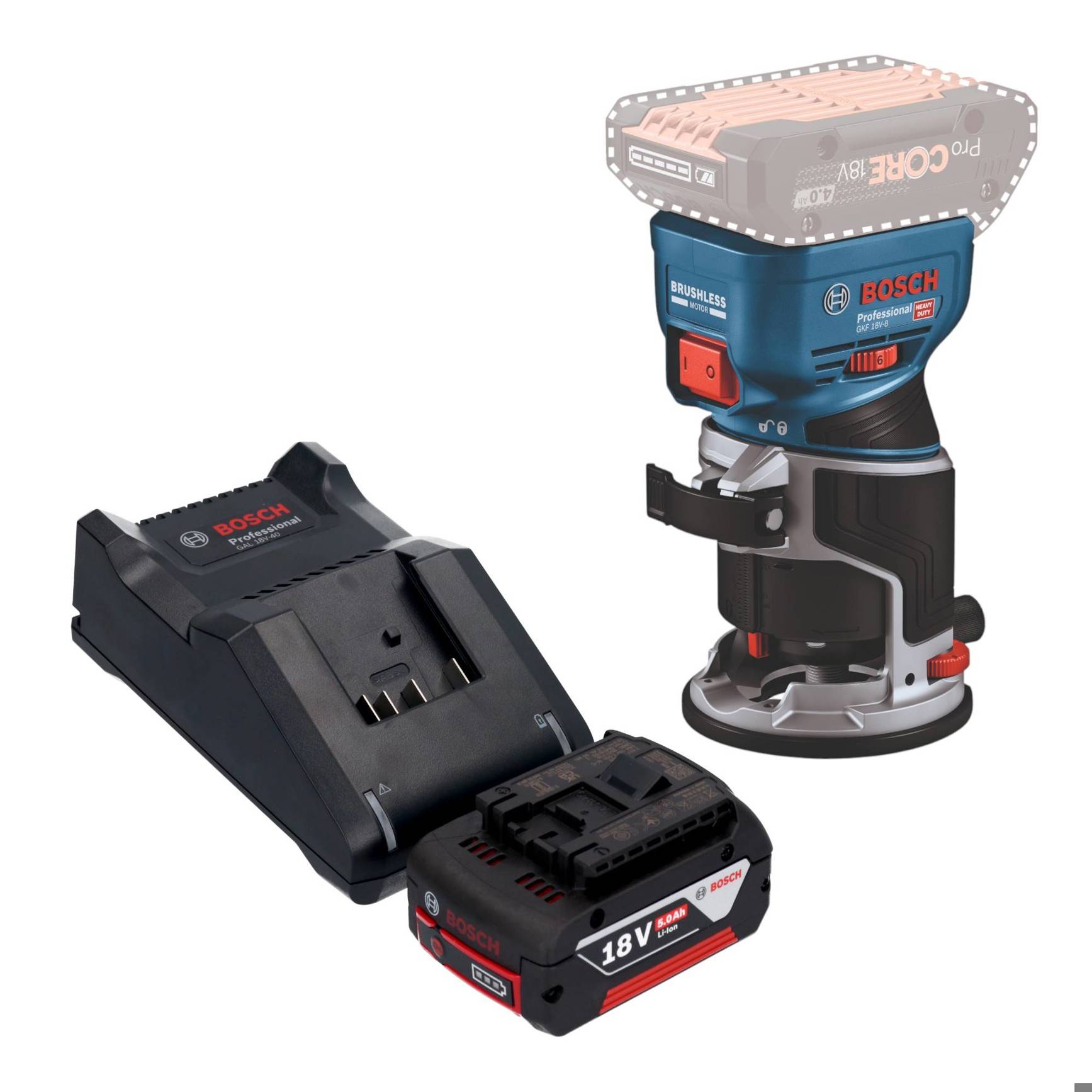 Bosch GKF 18V-8 Professional Akku Kantenfräse 18 V 8,0 mm Brushless + 1x Akku 5,0 Ah + Ladegerät