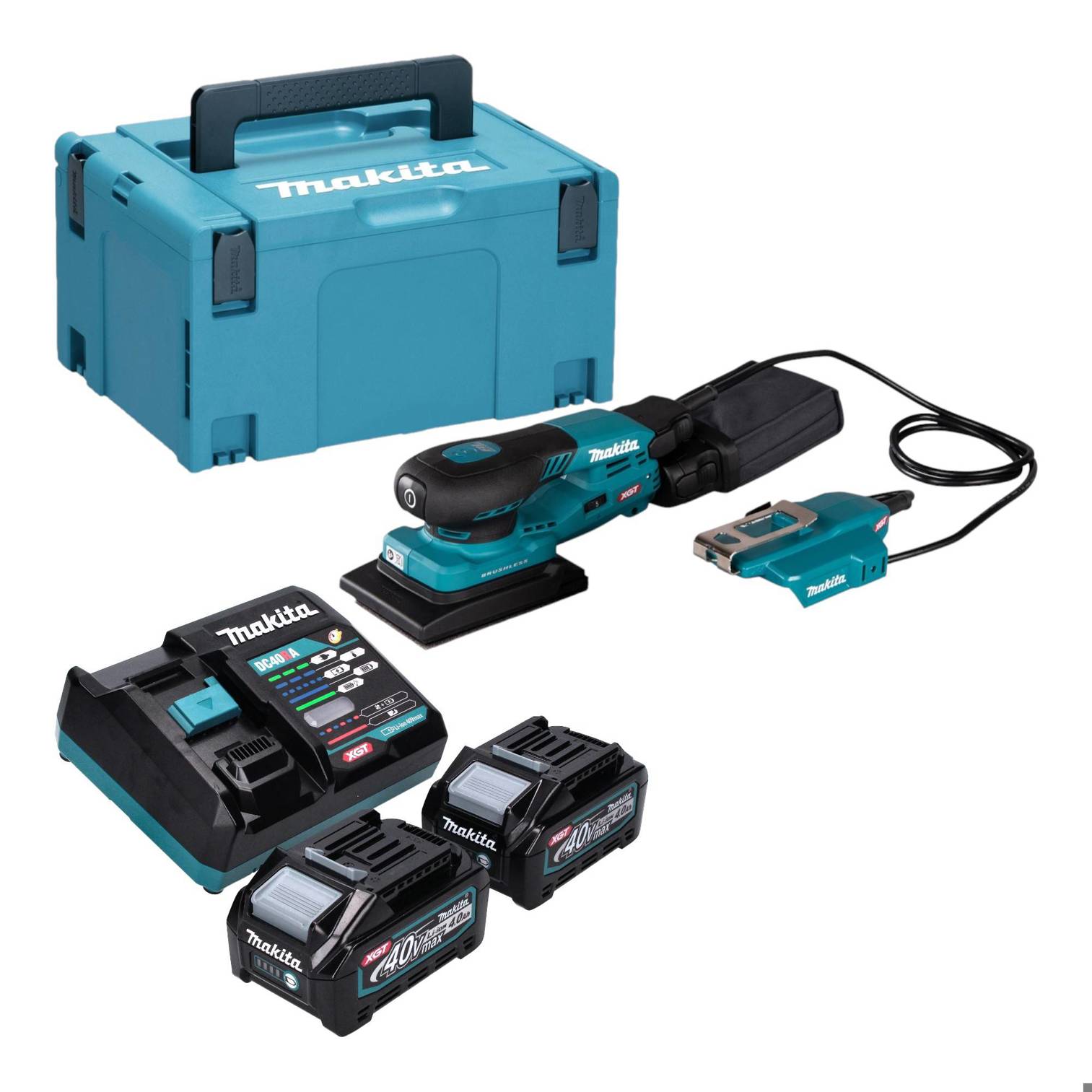 Makita BO 005 CGM201 Akku Schwingschleifer 40 V max. 80 x 130 mm 3,0 mm Hub Brushless + 2x Akku 4,0 Ah + Lader + Makpac