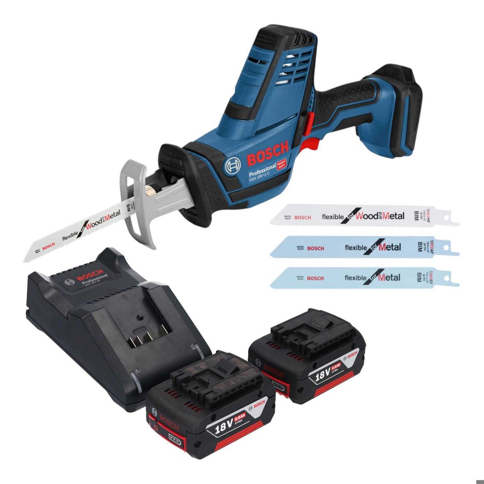 Bosch GSA 18V-LI C Professional Akku Reciprosäge Säbelsäge 18 V + 2x Akku 5,0 Ah + Ladegerät